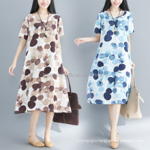 Plus size print linen women dresses circle print summer cotton linen casual dress